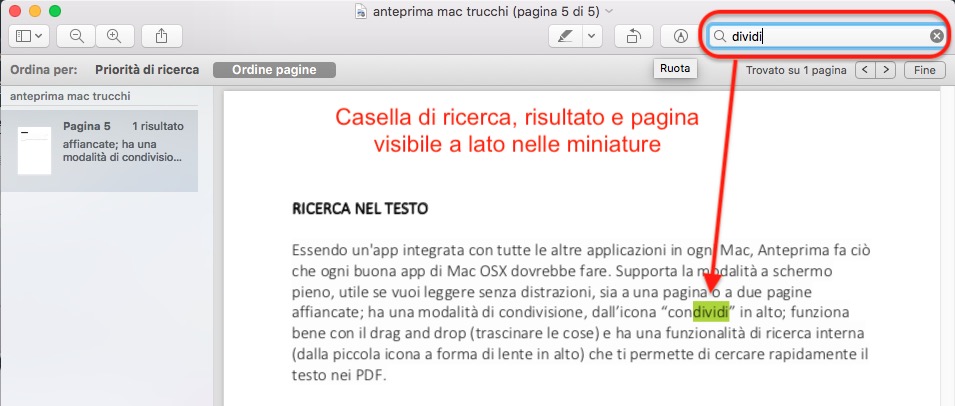 Anteprima Mac casella di ricerca testo in un PDF 