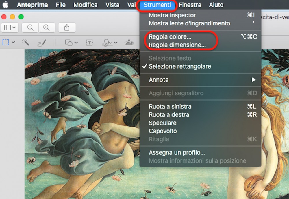 Anteprima Mac menu strumenti 